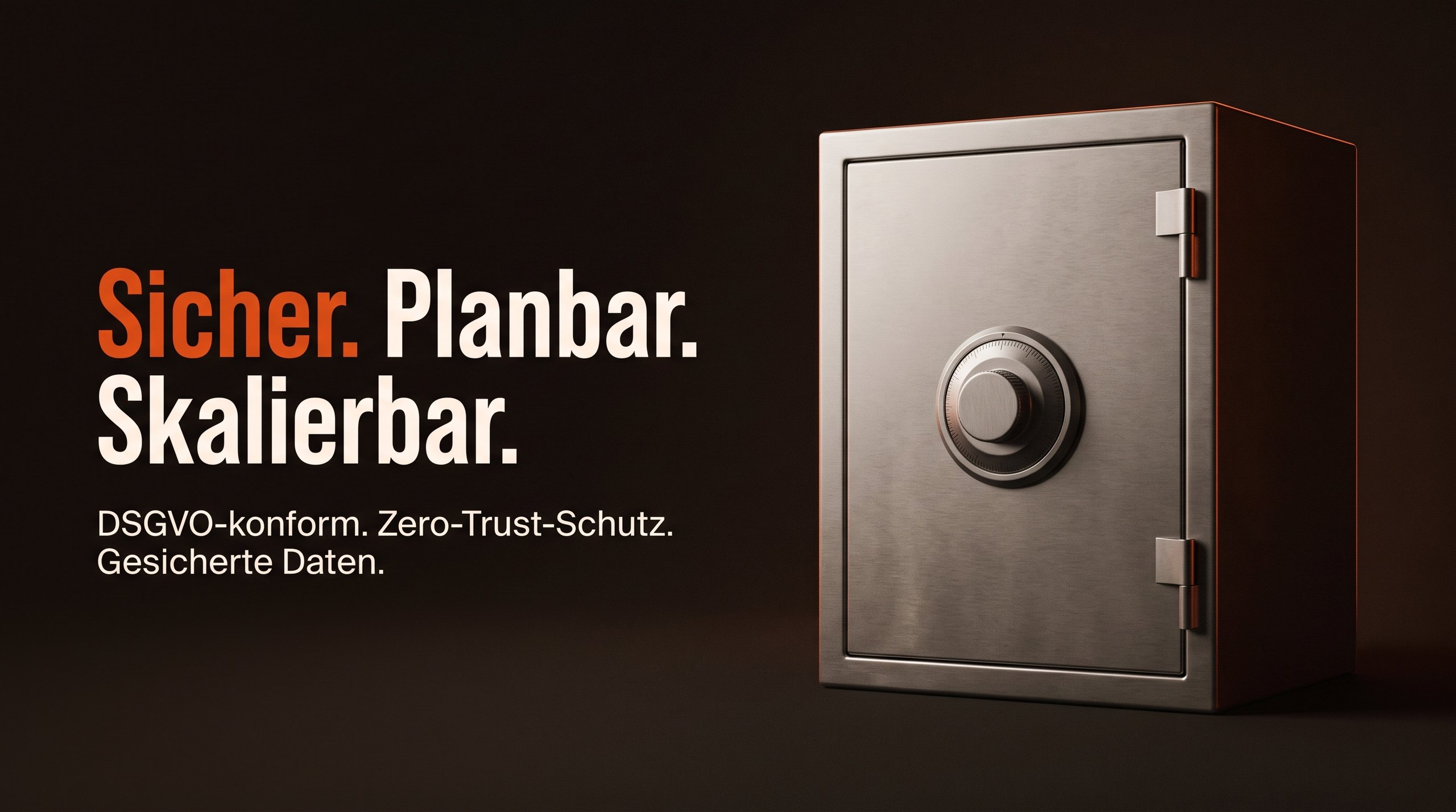 Tresor vor dunklem Hintergrund. Text im Bild: Sicher. Planbar. Skalierbar. DSGVO-konform. Zero-Trust-Schutz. Gesicherte Daten.