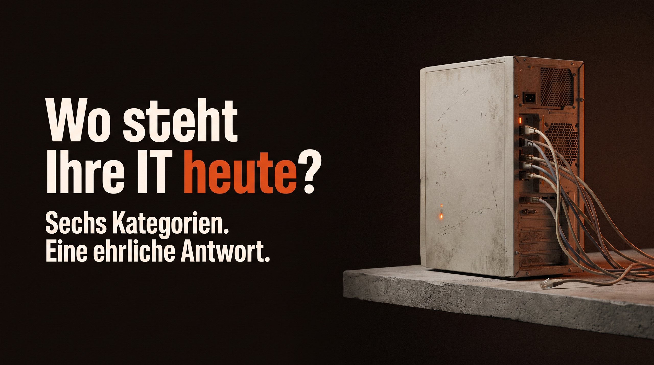 Ein alter PC-Tower mit verwirrtem Kabelsalat auf einem Betonsockel. Text im Bild: Wo steht Ihre IT heute? Sechs Kategorien. Eine ehrliche Antwort.